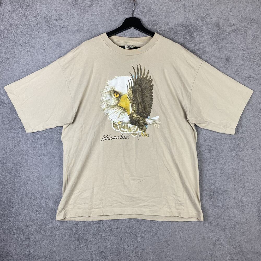 Vintage Welcome Back Bald Eagle Shirt Mens 2XL Beige Nature Graphic USA 90s